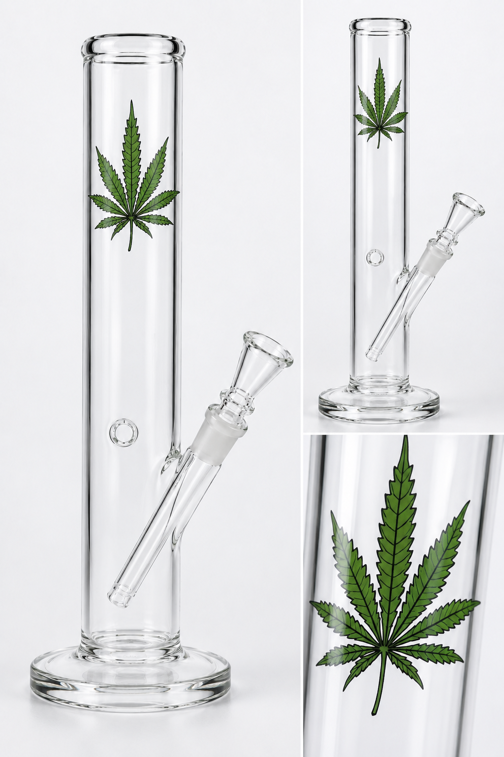 Glas Bong 40 cm – Straight Tube mit Hanfblatt & Kickloch