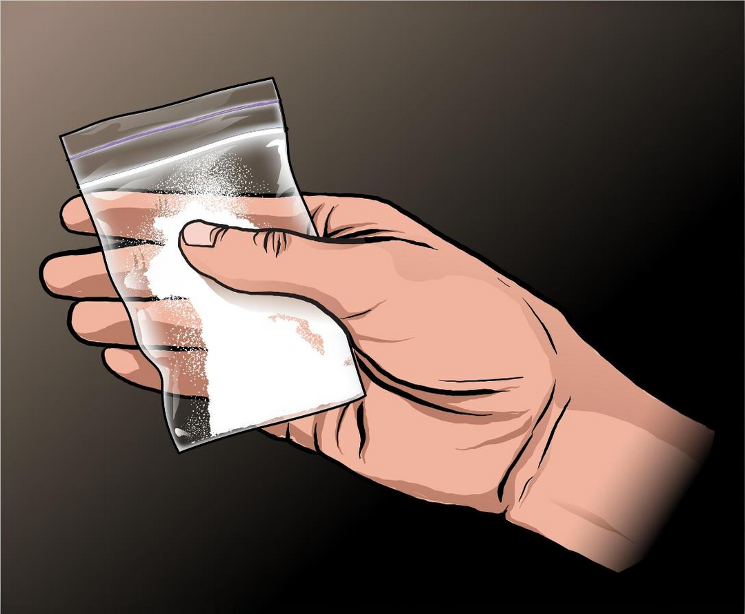 Eine Illustration. Ein Beutel kokain in einer Hand.