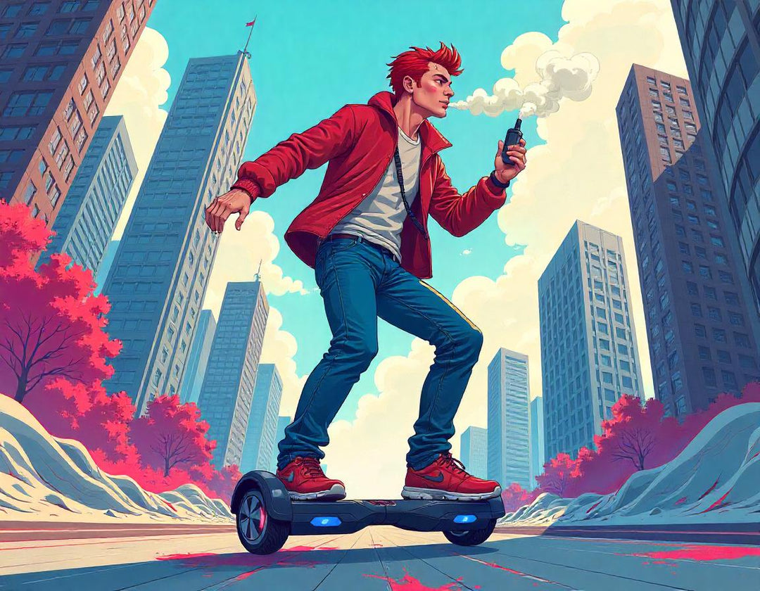 A young man with red hair and freckles riding a hoverboard through a futuristic city landscape with tall skyscrapers in the background. The city has a vibrant, colorful aesthetic with splashes of pink and blue. The Young man smoking a Vaporizer