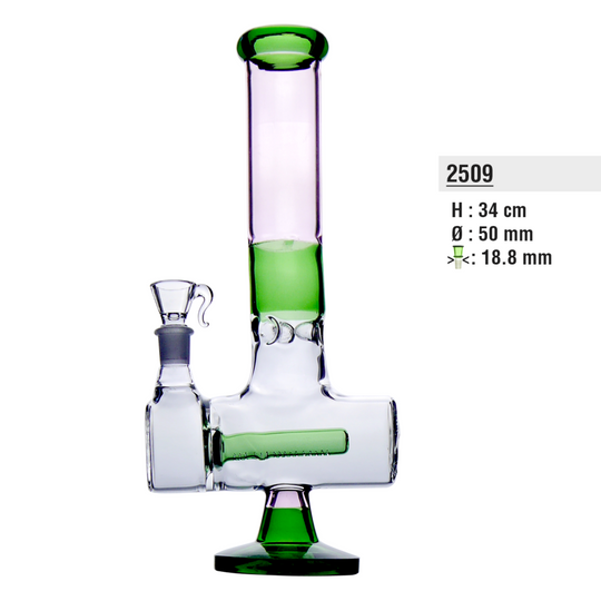 Glazen Bong Groen/Roze met Voet 35cm