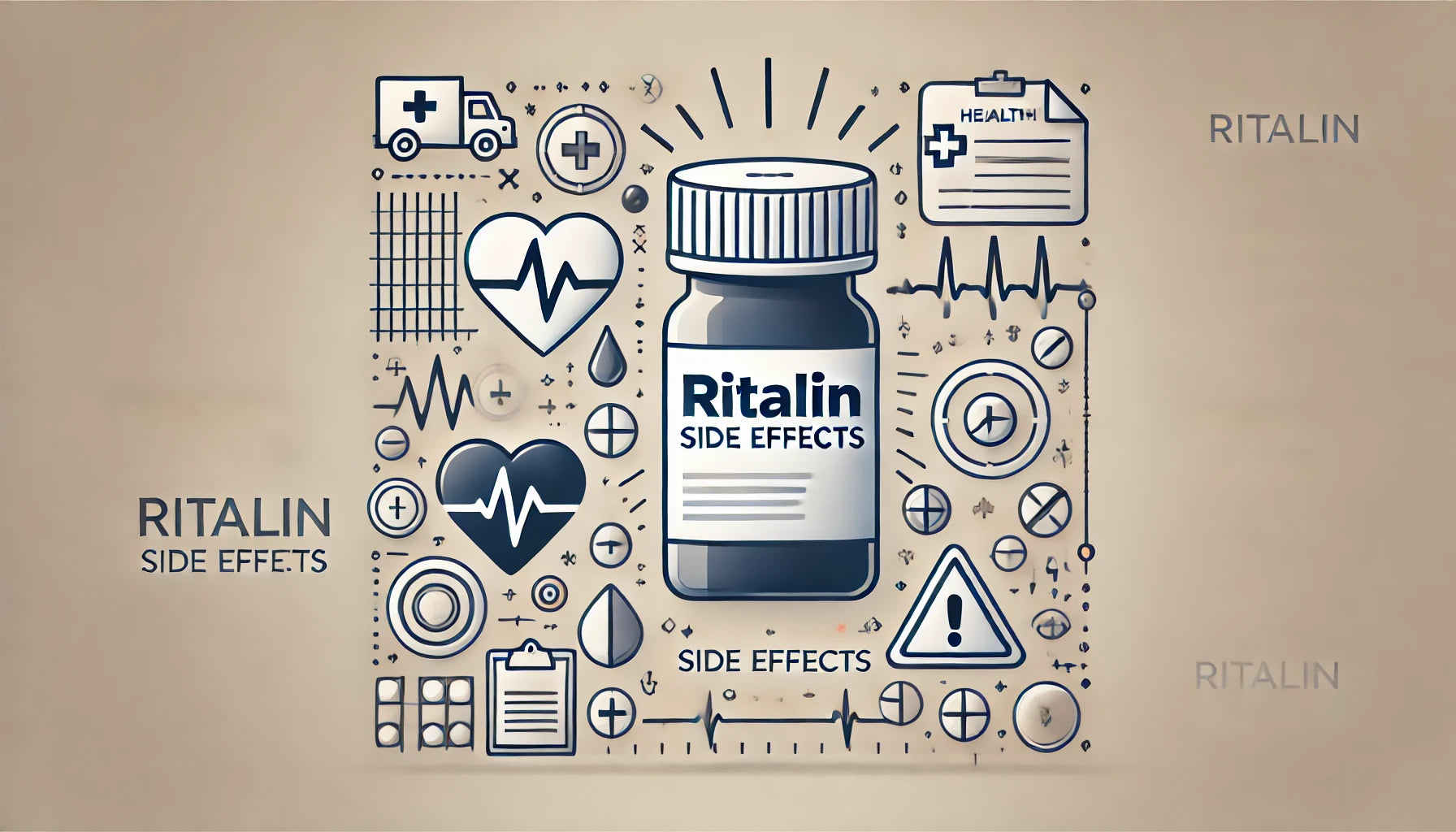 Breites Titelbild mit einer Ritalin-Flasche im Mittelpunkt, umgeben von Symbolen wie Herzschlaglinien, medizinischen Icons und einem Warnzeichen, das die Balance zwischen Nutzen und Nebenwirkungen veranschaulicht.