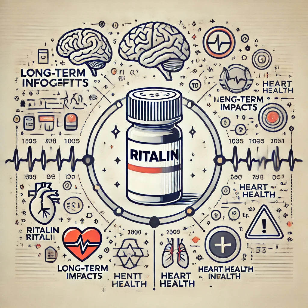 Infografik zur Langzeitwirkung von Ritalin, mit einer zentralen Medikamentenflasche, umgeben von Symbolen wie einem Gehirn, Herzgesundheit und einer schwindenden Zeitachse, im professionellen Stil des Titelbildes.