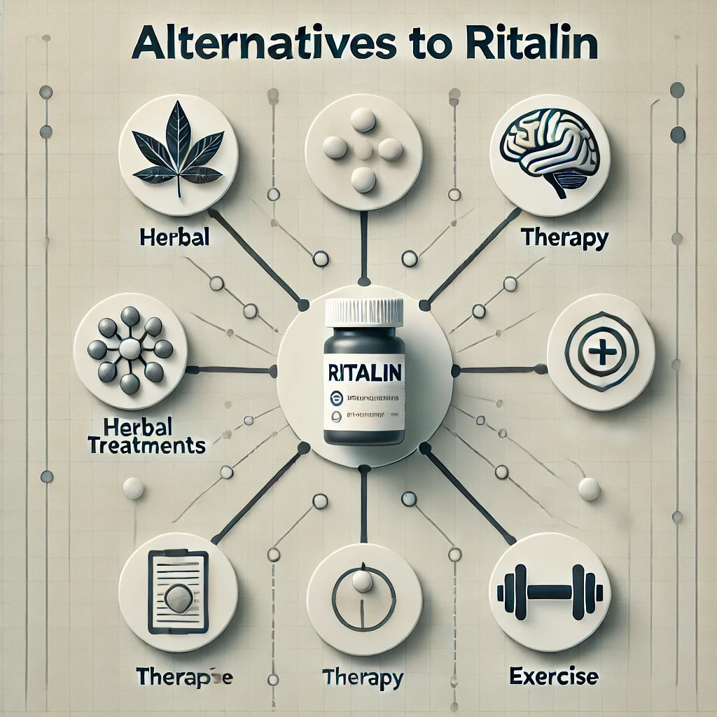 Infografik zu Alternativen zu Ritalin, mit divergenden Pfaden von einer zentralen Ritalin-Flasche zu Symbolen für pflanzliche Behandlungen, Therapie und Sport, gestaltet in einem klaren und optimistischen Stil.