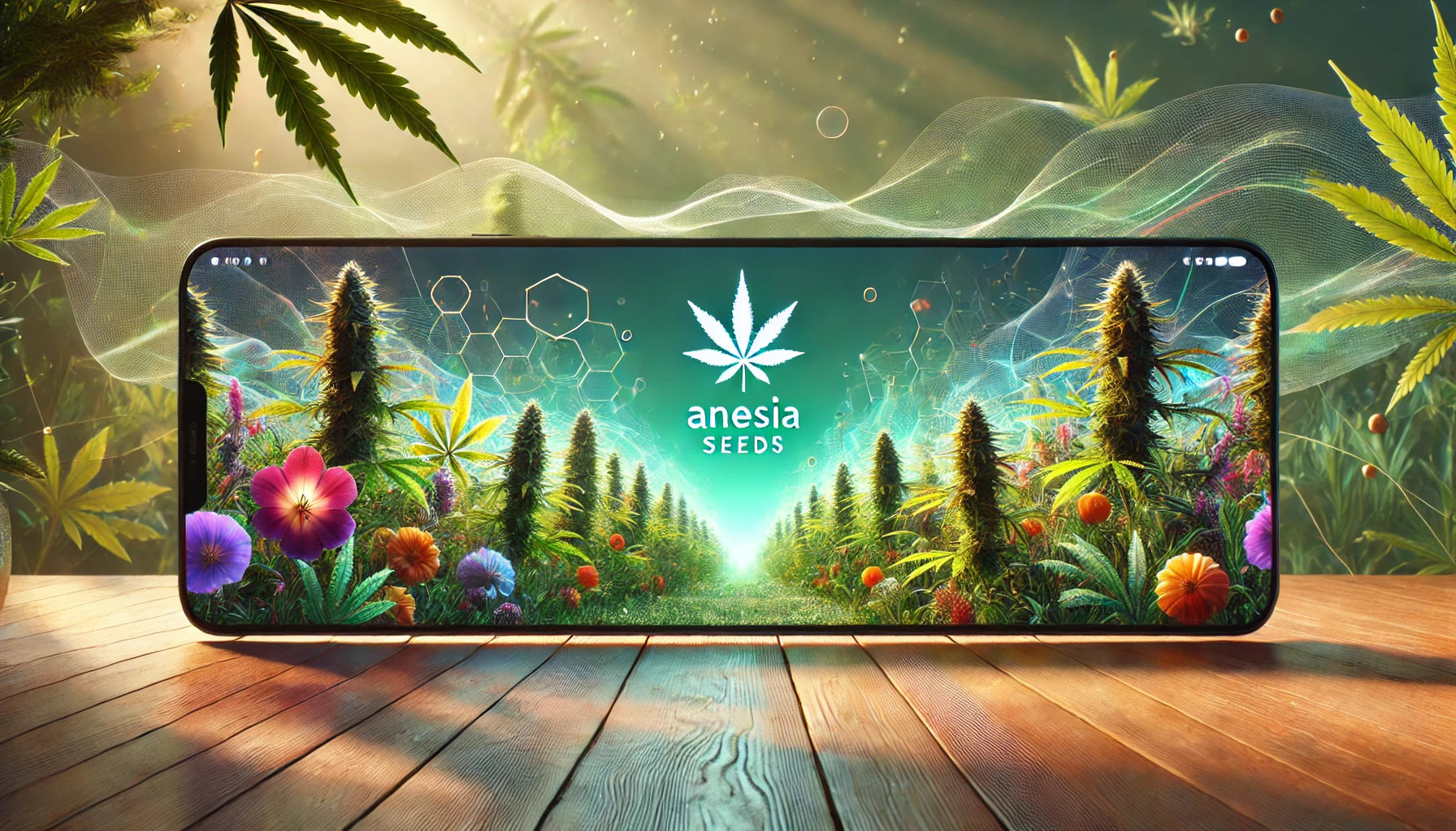 Längliches Banner mit Cannabis-Pflanzen in voller Blüte, umgeben von weichem Sonnenlicht und grüner Natur, passend für die Marke Anesia Seeds.