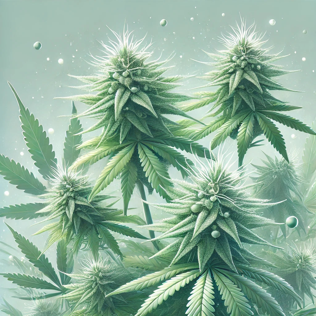2D-Grafik einer kompakten, blühenden Cannabis-Pflanze in einem Topf, ideal für den einfachen und schnellen Anbau von Autoflowering-Samen.