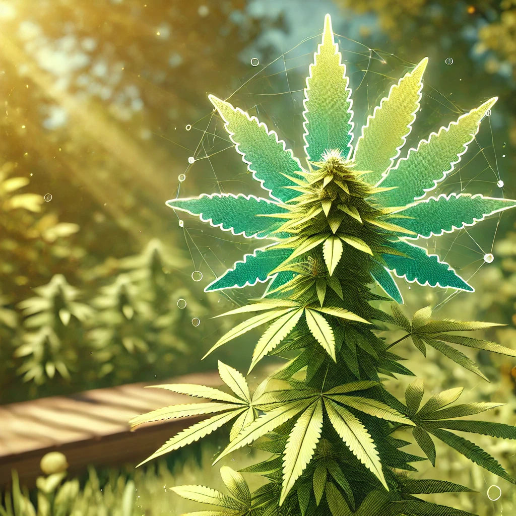 2D-Darstellung einer gesunden Cannabis-Pflanze in einem natürlichen Outdoor-Setting mit sonnigem Hintergrund, die feminisierte Samen repräsentiert.