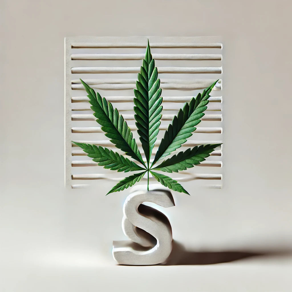Ein minimalistisches Bild mit einem grünen Cannabisblatt in der Mitte. Darunter befindet sich ein Paragrafen-Symbol und ein stilisierter Textblock, der rechtliche Regelungen zu Cannabis symbolisiert. Der Hintergrund ist schlicht und weiß, das Design professionell und modern.