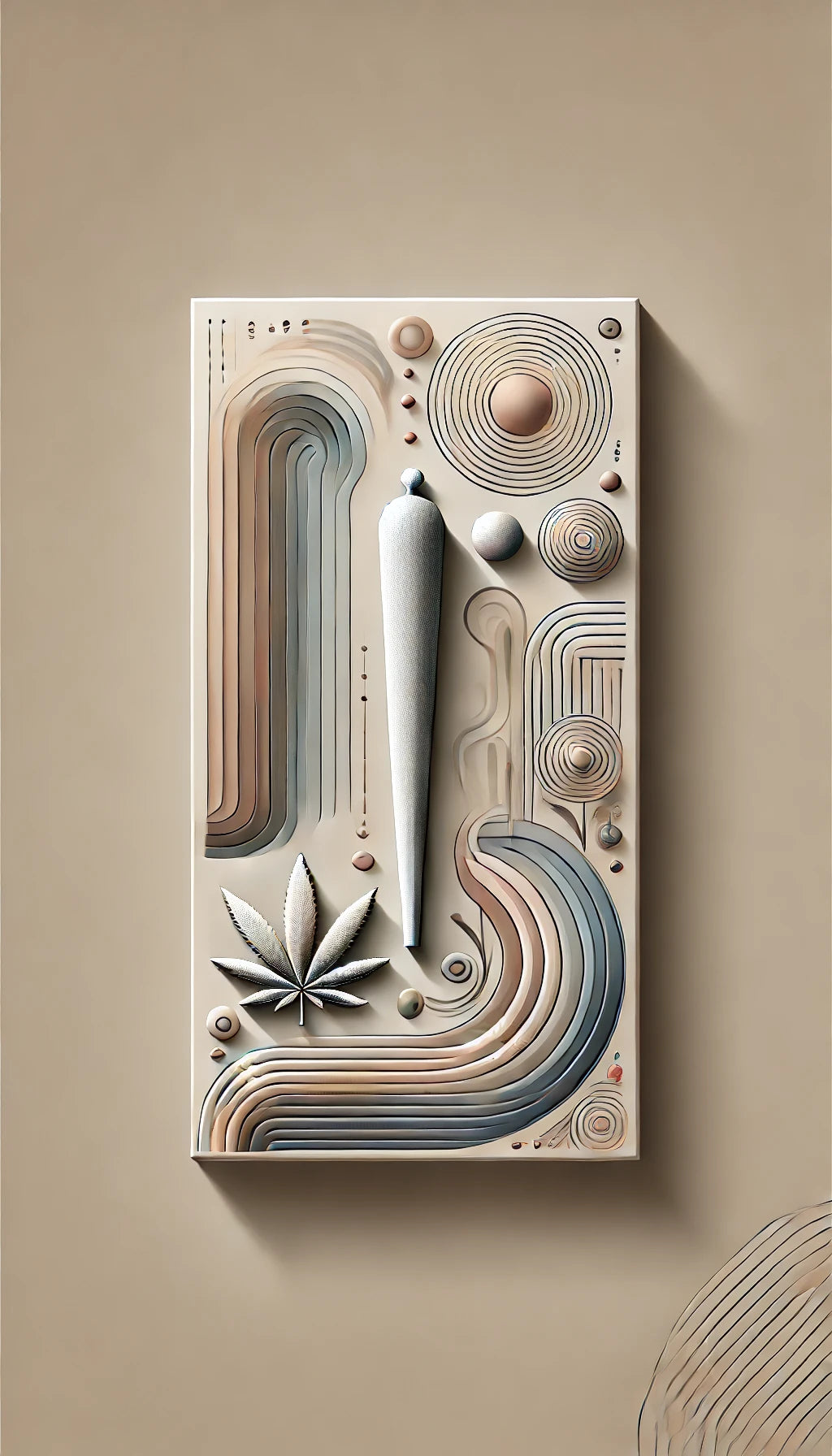 Vertikal längliches abstraktes Bild mit einem stilisierten Joint im Mittelpunkt, umgeben von geschwungenen Linien, Kreisen und Cannabisblatt-Motiven. Die Farbpalette besteht aus neutralen Tönen und sanften Verläufen, die ein harmonisches, modernes Design schaffen. Keine Texte, Logos oder Zeichen sind im Bild enthalten.