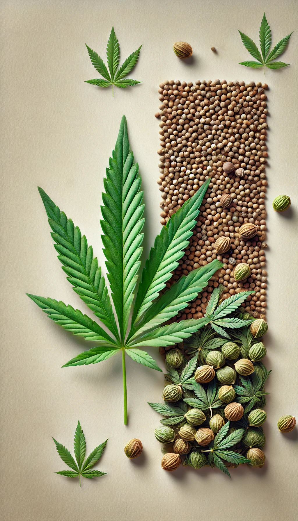 Ein längliches, vertikal orientiertes Bild mit einem detailreichen grünen Cannabisblatt und mehreren kleinen, braun gesprenkelten Cannabissamen. Die Elemente sind auf einem neutralen, hellen Hintergrund angeordnet, sodass sie klar hervorgehoben werden. Das Cannabisblatt zeigt feine Blattadern, während die Samen natürlich und organisch wirken.