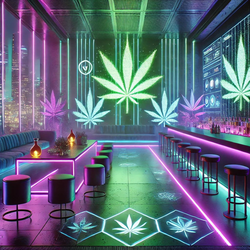 Ein futuristischer Social Club mit Cannabis-Thema im Cyberpunk-Stil. Der Raum ist in grünen und violetten Neonfarben beleuchtet, mit leuchtenden Cannabis-Blattsymbolen und moderner, stilvoller Einrichtung. Holografische Displays zeigen abstrakte cannabisinspirierte Visuals, während metallische Texturen und LED-Panels das high-tech Ambiente unterstreichen. Große Fenster im Hintergrund bieten einen Blick auf eine futuristische Stadt bei Nacht.