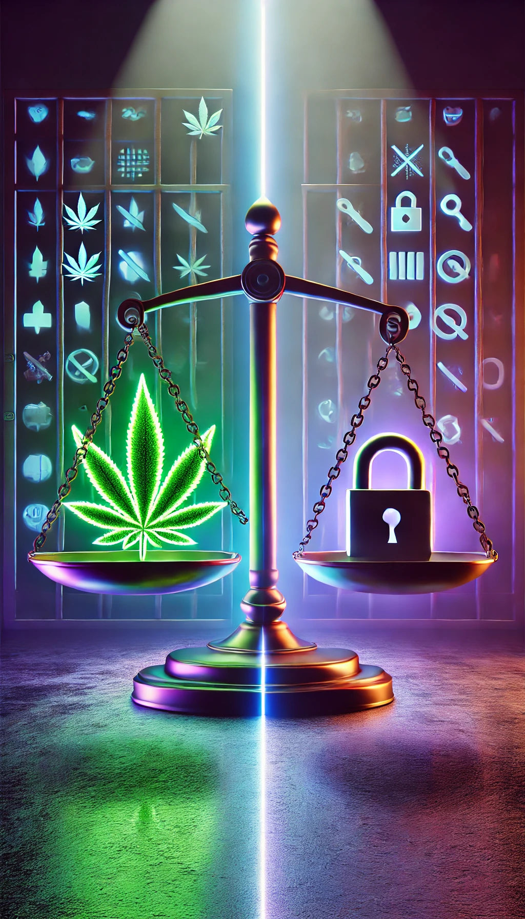 Eine vertikale Darstellung einer abstrakten Waage, die das Thema „Was ist erlaubt und was nicht?“ symbolisiert. Eine Seite der Waage hält ein leuchtendes Cannabisblatt, während die andere Seite Symbole wie ein Schloss oder Ketten zeigt, die Einschränkungen darstellen. Der Hintergrund ist in abgestuften Grün- und Lilatönen gehalten, mit einem modernen und futuristischen Design.