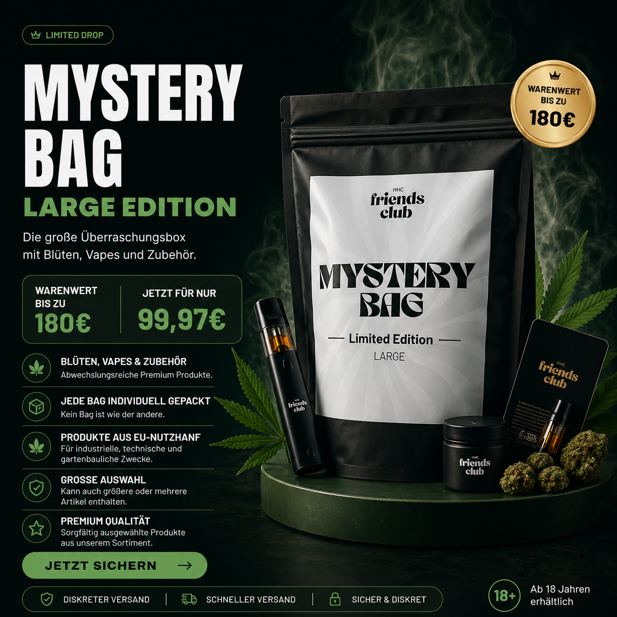 FriendsClub Mystery Bag Large – große Überraschungsbox mit Blüten, Vapes und Zubehör