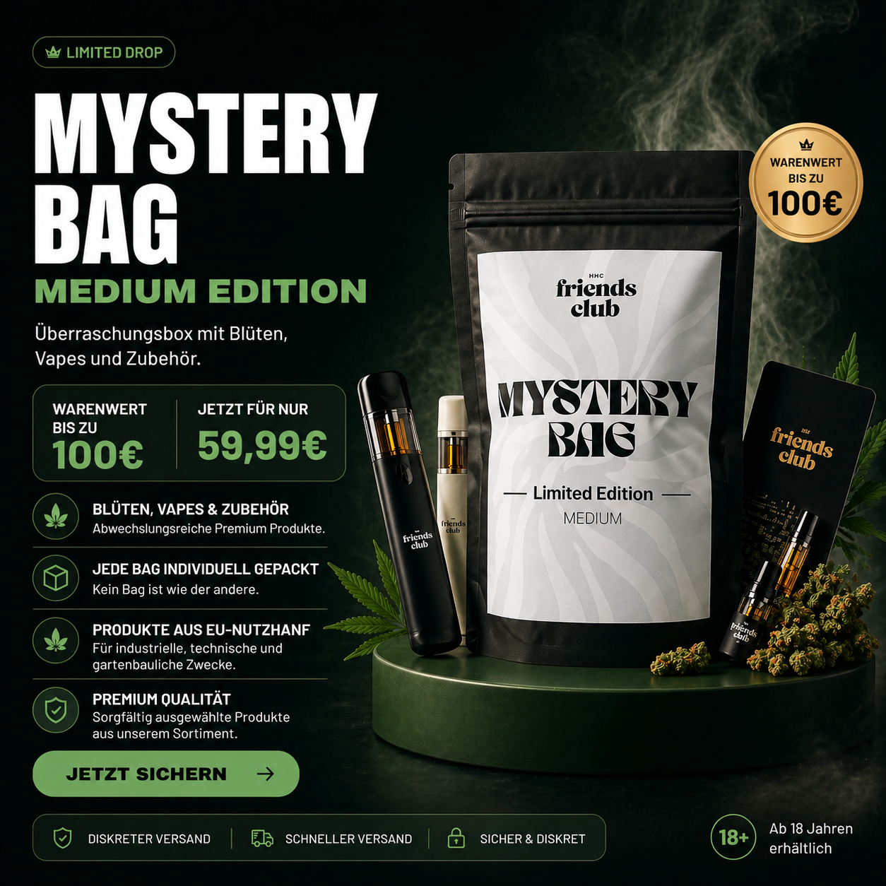 FriendsClub Mystery Bag Medium – Überraschungsbox mit Blüten, Vapes und Zubehör