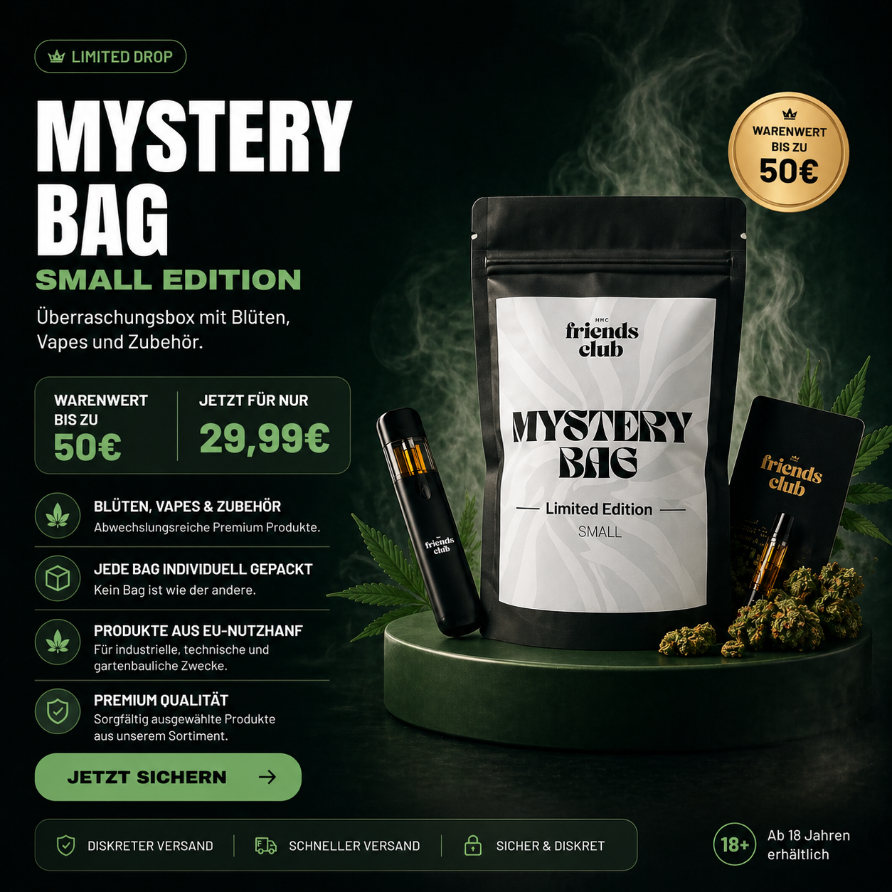 FriendsClub Mystery Bag Small – Überraschungsbox mit Blüten, Vapes und Zubehör
