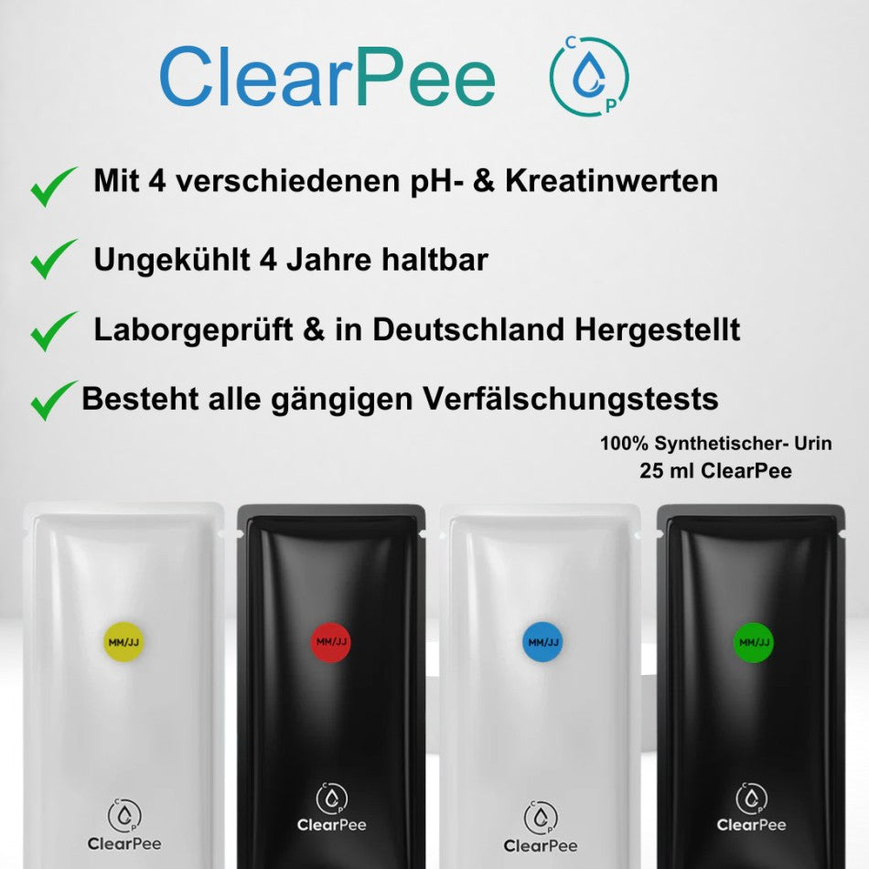 ClearPee Produktbild mit vier Packungen synthetischem Urin und Informationen