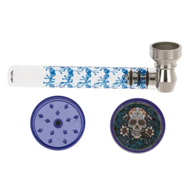 Glas-Pfeife mit Metall-Kopf inkl. Grinder & Sieben ca. 9 cm