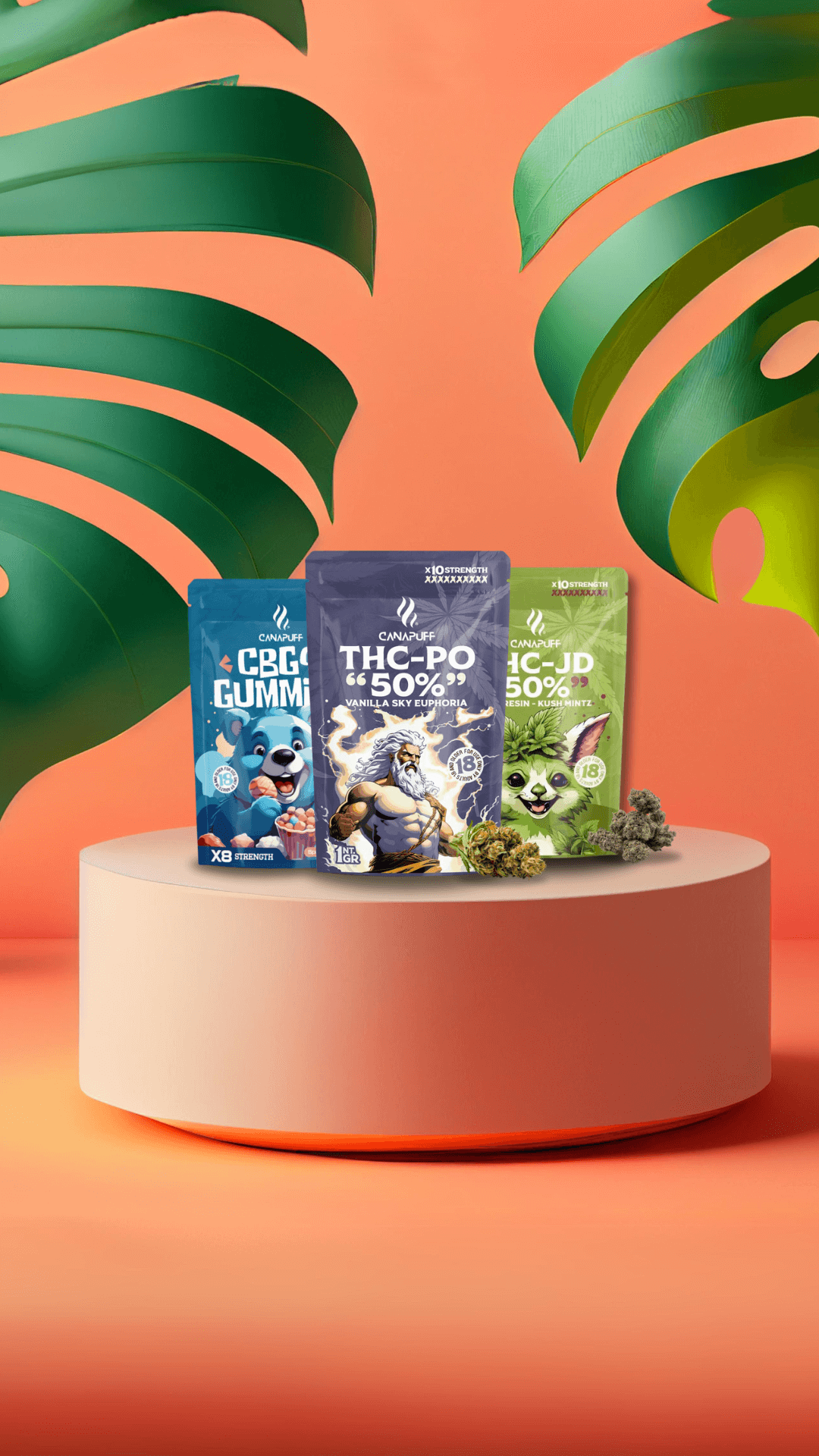 canapuff-produkte auf podest mit pflanzendeko