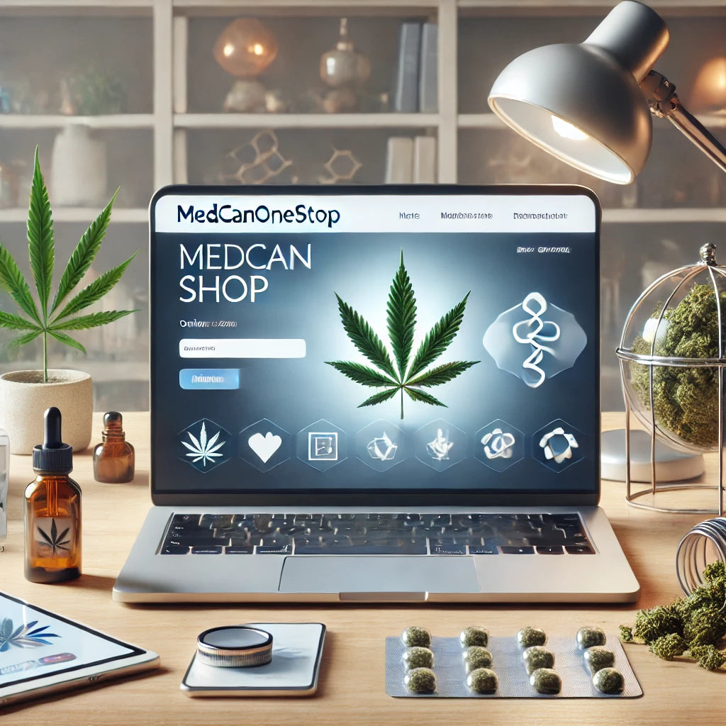 Modernes Online-Shop-Design für Medcanonestop mit Laptop und Smartphone, dezenten Cannabis-Blättern und medizinischen Symbolen im Hintergrund